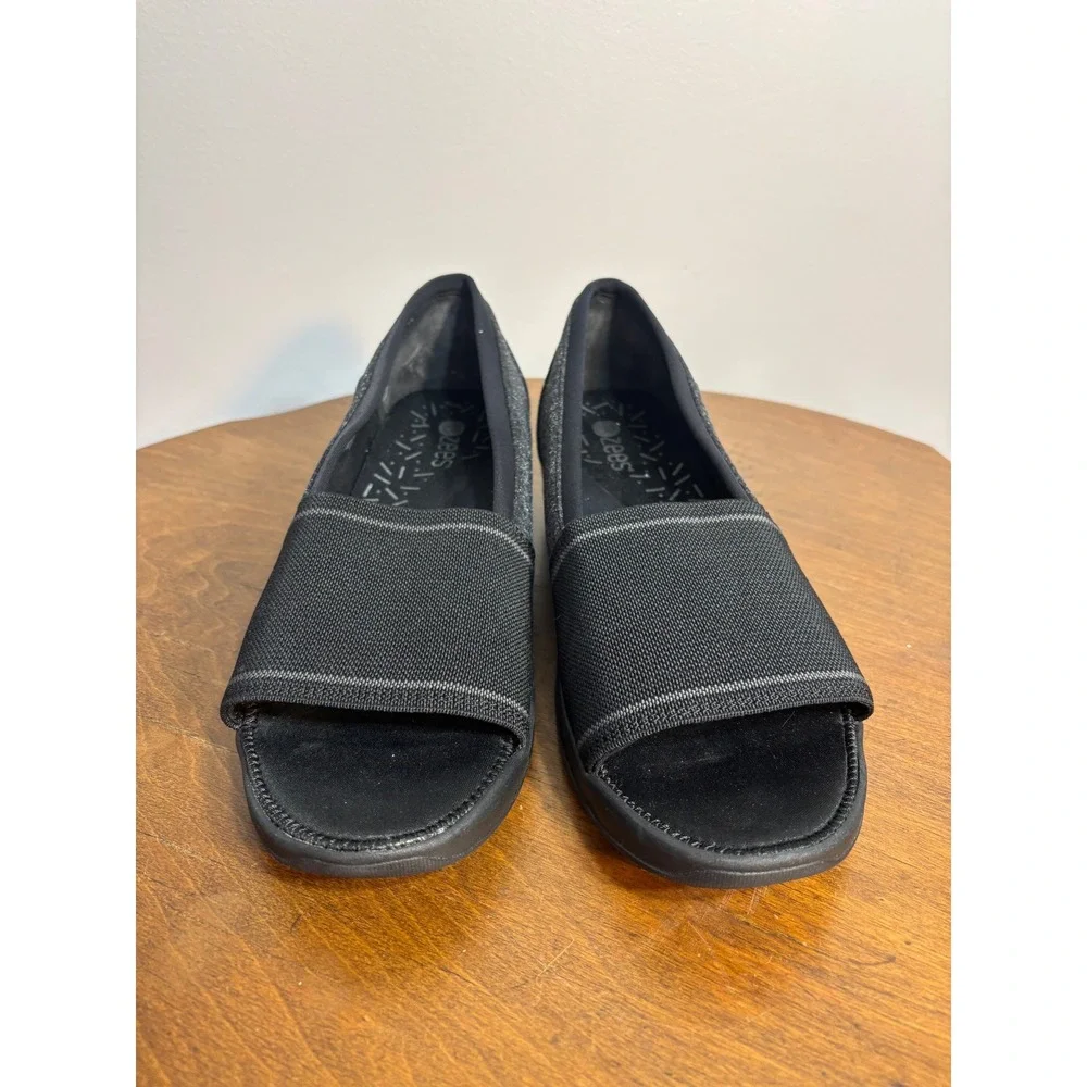 Bzees Kudos Black Grey Marl Stretch Fabric Open Toe Wedge Sandals Womens 10W